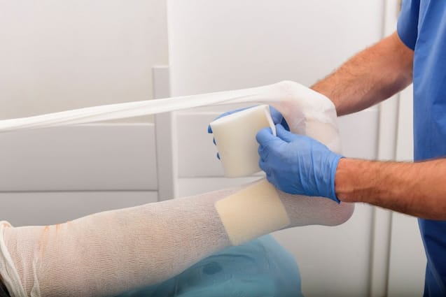 An injured person lays on a gurney while a medical professional in blue scrubs wraps their leg.